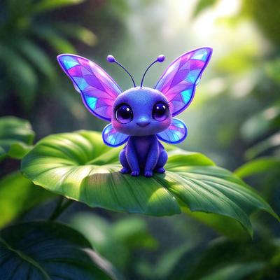 The primary subject of the image is a small, colorful butterfly sitting on a leaf. The butterfly is purple and blue, and it appears to be a digital art or illustration. The setting is a lush green forest, with the butterfly sitting on a leaf in the middle of the scene. The visual style is artistic and creative, with the butterfly being the main focus of the image. The colors and mood of the image are vibrant and cheerful, with the butter